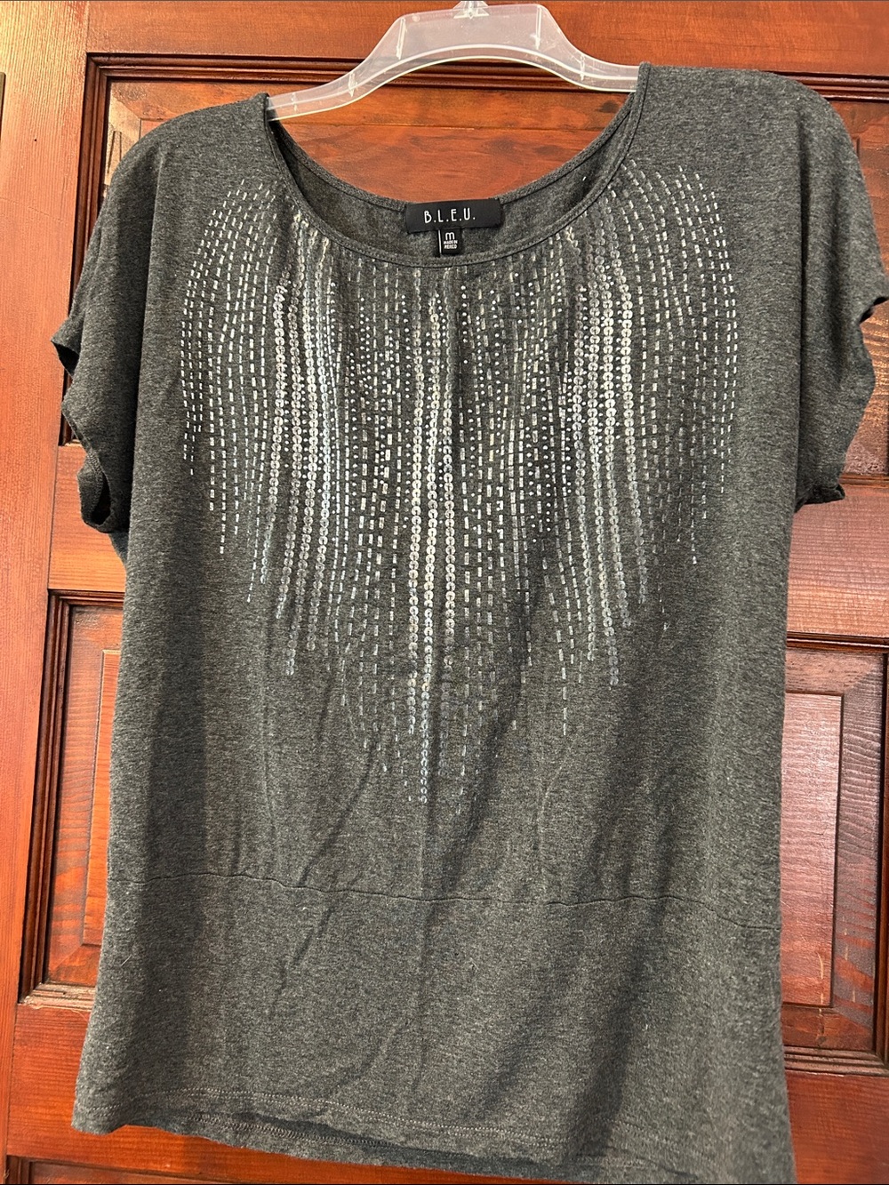 B.L.E.U. Charcoal Gray Short Sleeve Top with Silver Sequin Detail M